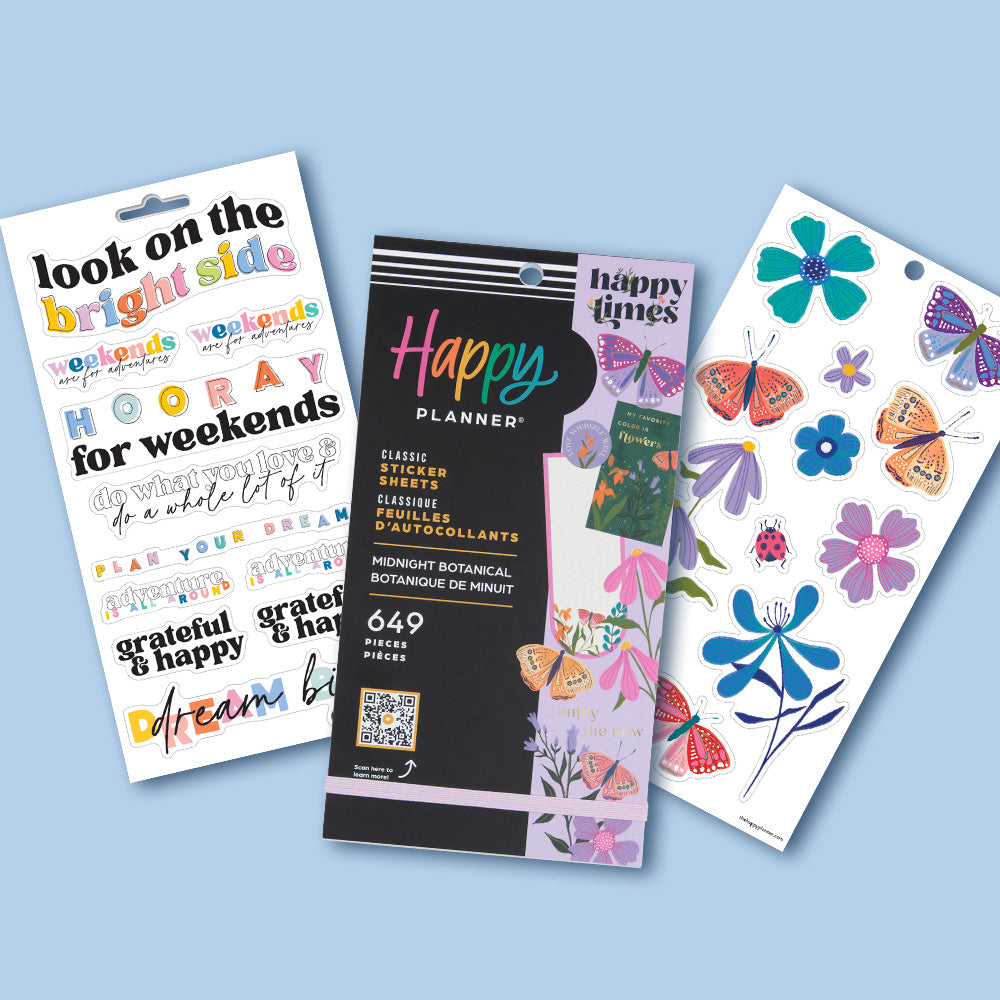 Image of Happy Planner stickers including floral, butterfly and bright quote designs