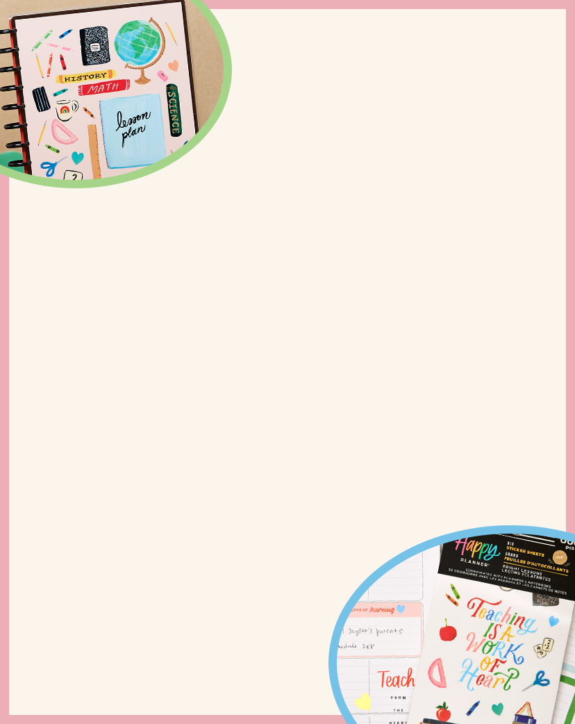 Close-up view of a spiral planner decorated with colorful school-themed stickers including a globe, calculator, and books, alongside a sheet of vibrant motivational and educational stickers on a light pink background.
