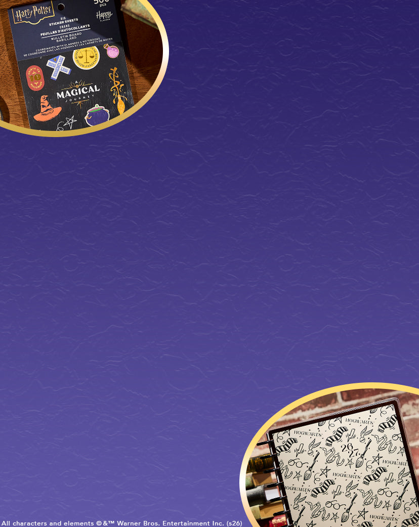 Close-up view of two circular cutouts on a dark purple background, featuring Harry Potter themed planner stickers and a disc-bound notebook with black and white magical designs.