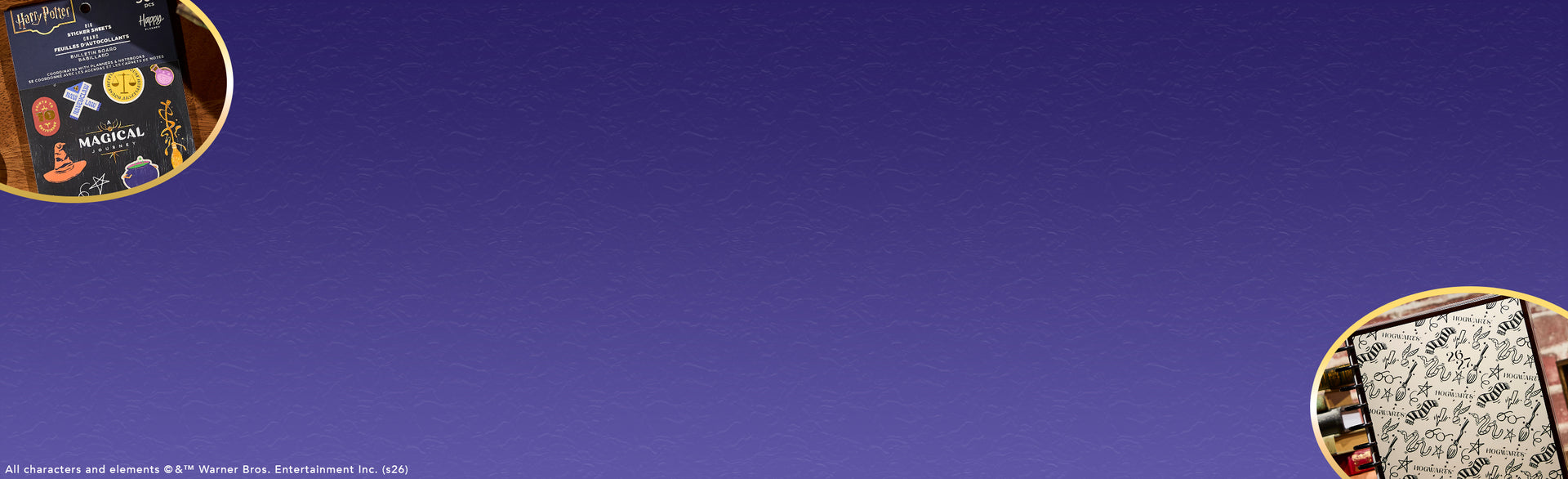 Dark purple background with two circular cropped images at the corners, one showing planner stickers and the other showing a notebook page filled with handwriting.