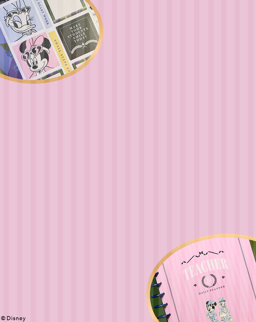 Pink striped background with circular cutouts showing Disney-themed planner stickers featuring Daisy Duck and Minnie Mouse on the top left, and a pink disc-bound daily planner with Minnie Mouse on the bottom right.