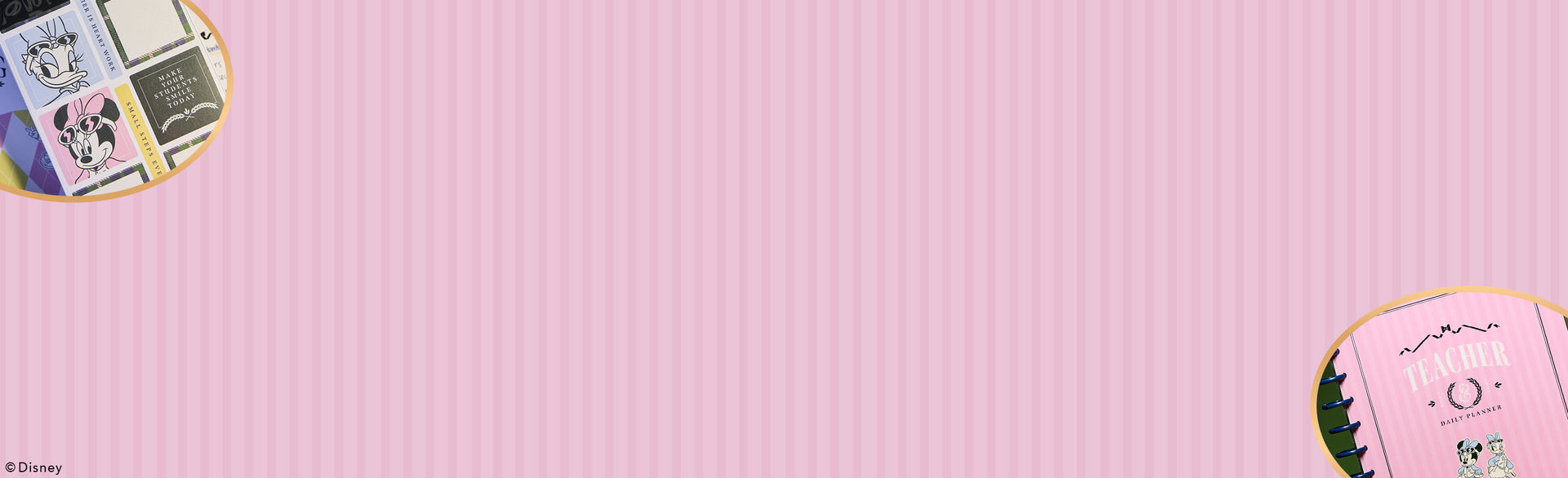 Pink background with subtle vertical stripes featuring small circular images of a planner open to decorative pages with colorful stickers and notes in the corners.