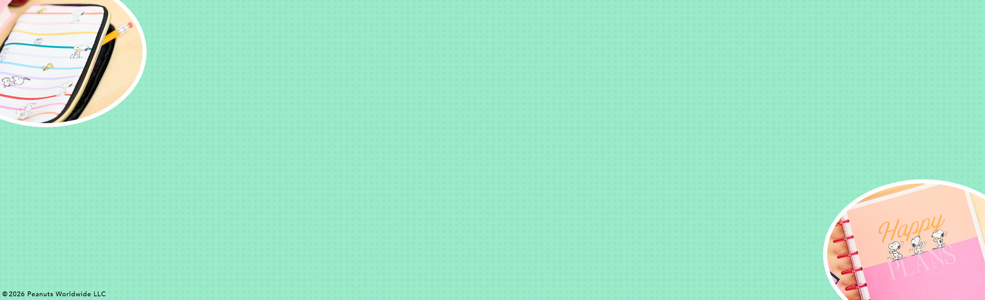 Light teal textured background with a small circular preview of a planner page in the top left and a pink disc-bound notebook with a floral design in the bottom right corner.