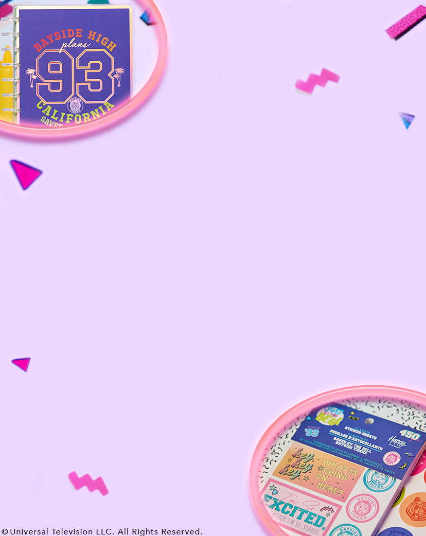 Two circular close-up views of disc-bound planner pages featuring colorful stickers and a cover with "Bayside High 93 California" on a pastel purple background with scattered pink and purple geometric shapes.