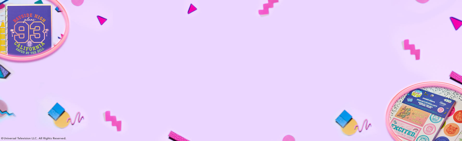 Purple background with scattered geometric shapes and two circular planner sticker sets featuring colorful designs and text.
