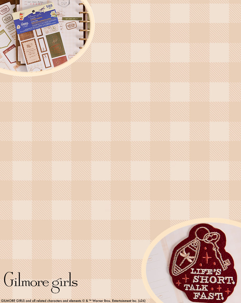 Beige and cream gingham background with a circular close-up of planner stickers at the top left and a circular patch at the bottom right featuring a shield and the phrase "Life's short, talk fast.