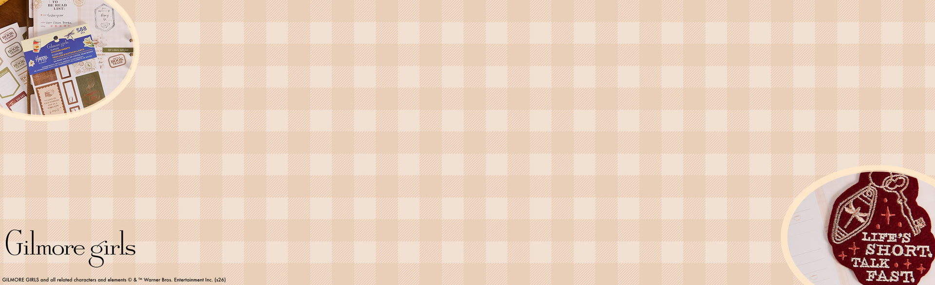 Beige and white gingham background with small circular vignettes showing themed paper planner stickers and notebook accessories inspired by Gilmore Girls.
