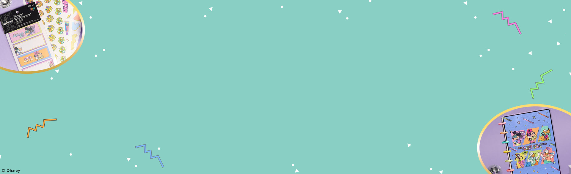 Light teal background with small white speckles and colorful squiggly lines, featuring partial circular views of decorative planner pages with stickers and inserts in the top left and bottom right corners.