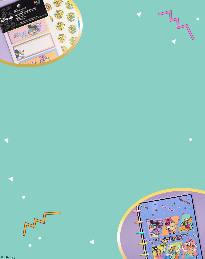 Light teal background with two circular cutouts showing Disney-themed planner stickers and a disc-bound planner featuring colorful cartoon characters and decorative elements.