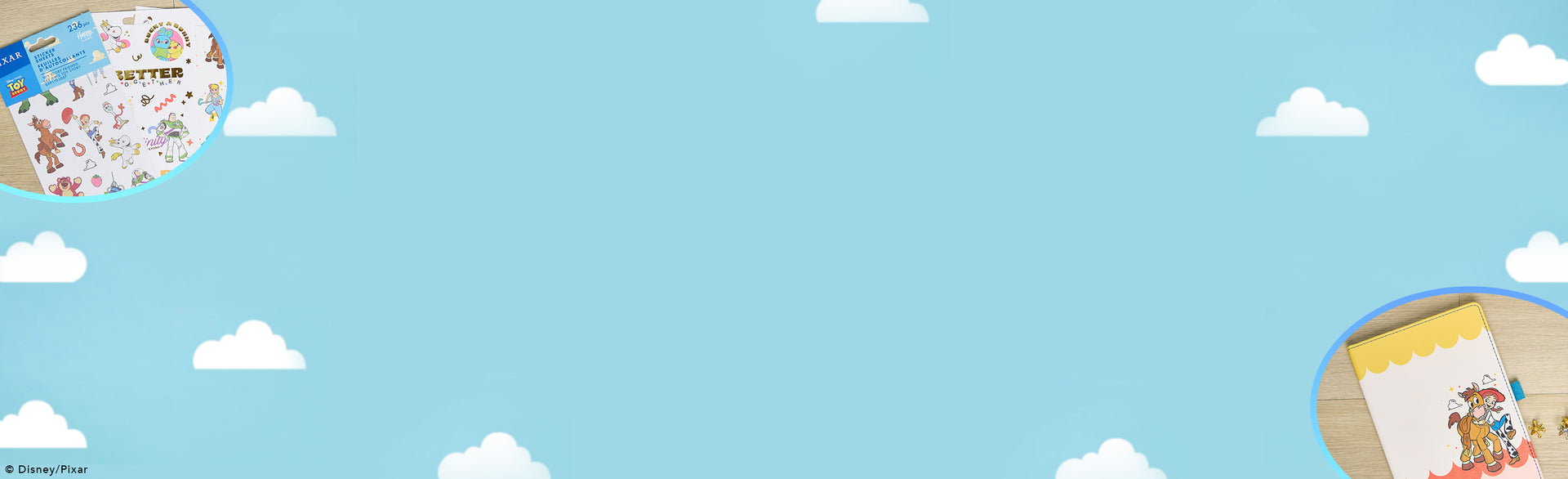 Light blue background with white clouds scattered across, featuring partial views of colorful planner covers with cartoon characters on the top left and bottom right corners.