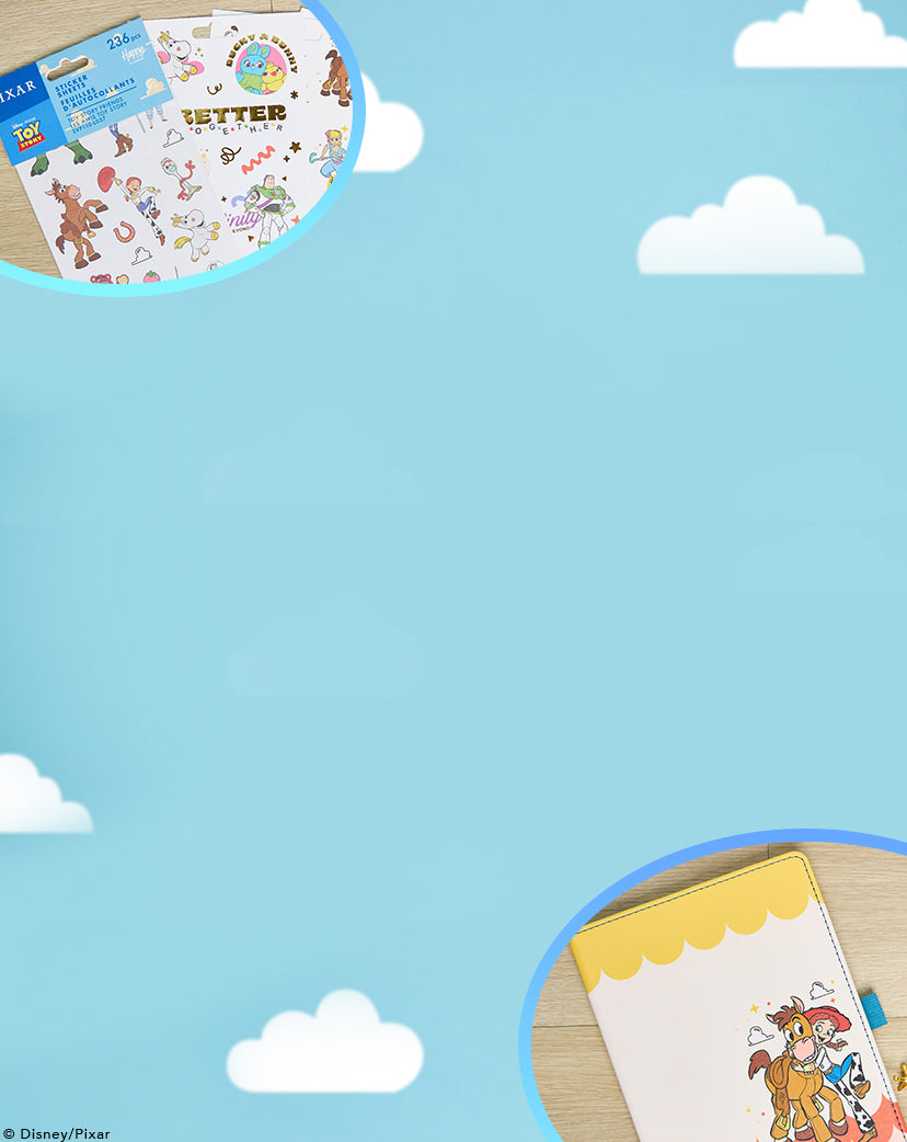 Blue sky background with white clouds featuring two circular insets displaying Toy Story-themed planner stickers and a notebook with Woody and Bullseye illustrations.