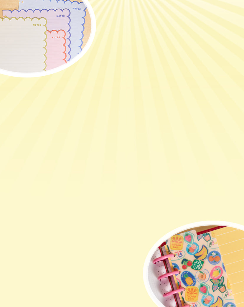 Light yellow background with subtle sunray pattern, featuring two circular close-ups: one of pastel-colored lined filler paper sheets with scalloped edges, and one of a floral and fruit patterned disc-bound planner page.