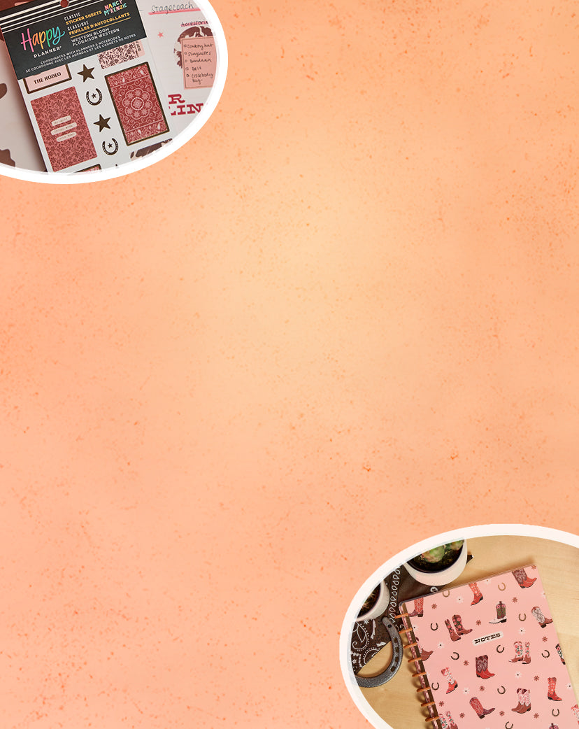 Peach-colored textured background with two circular cutouts showing planner accessories, including planner stickers with various designs and a spiral-bound notebook featuring a pink cover with holiday-themed illustrations.
