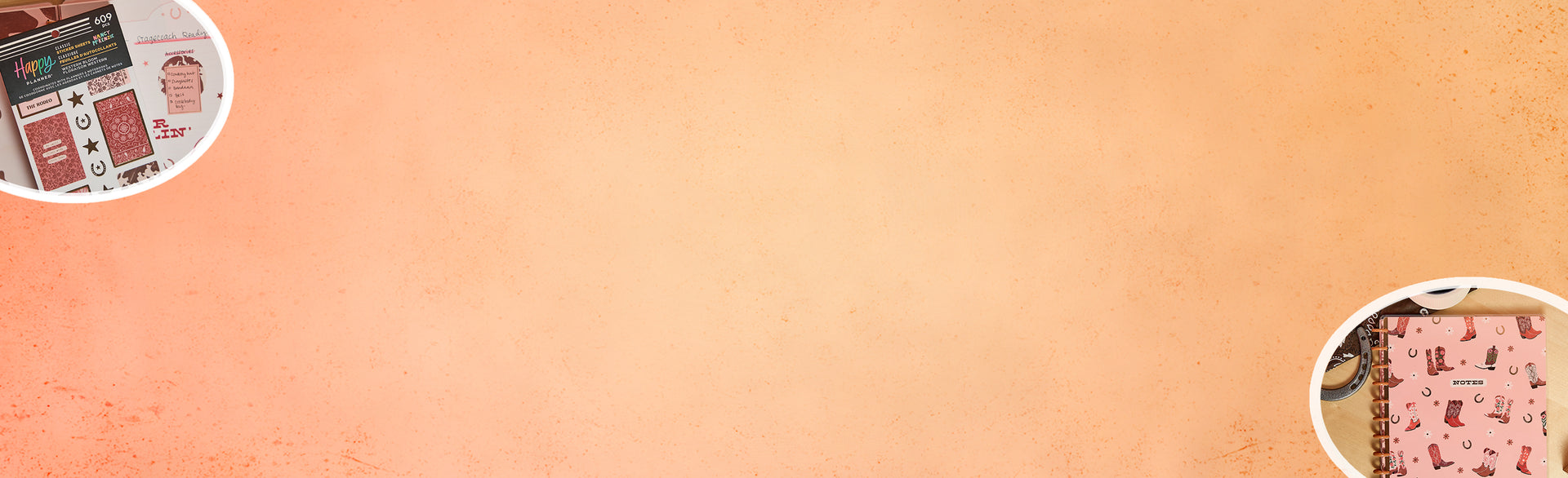 A peach-colored textured background with two round cutouts showing partial views of planners and stationery items in soft pink and neutral tones.