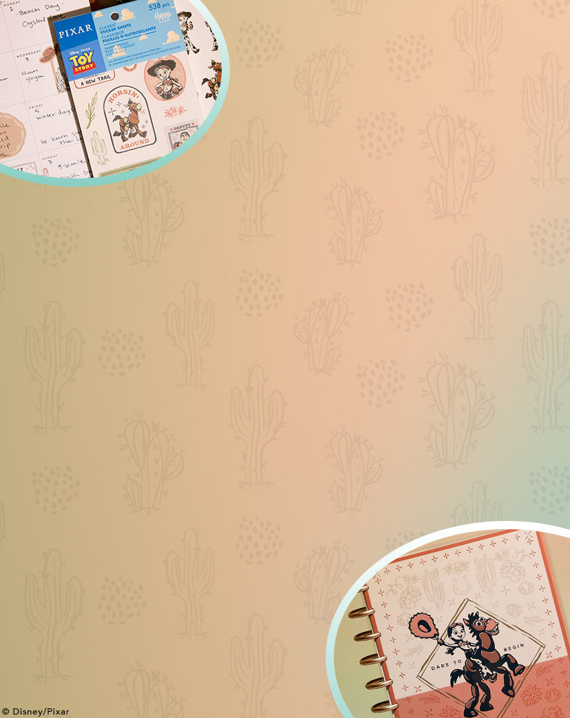 Close-up view of planner pages with Toy Story-themed stickers and illustrations, featuring cactus patterns in the background and a disc-bound notebook with a cowboy character on the cover.