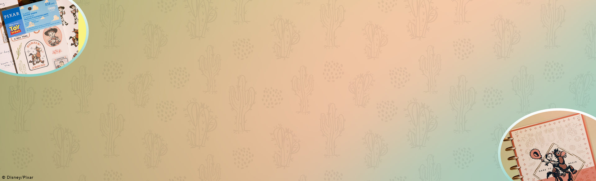 Background with a subtle pattern featuring small icons and faint color gradients, a corner showing a part of a Happy Planner with Toy Story-themed stickers and a small section of a disc-bound notebook with a Woody illustration.