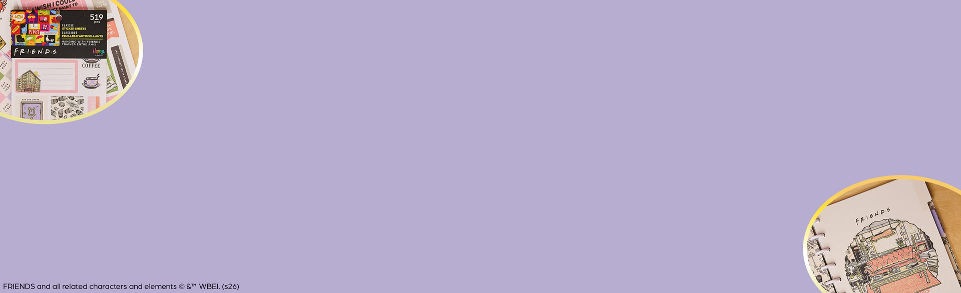 Lavender graphic background featuring cropped circular images of colorful planners and stationery pages in opposite corners
