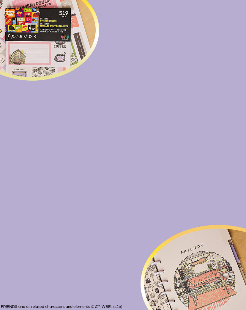 Lavender graphic background with two partial circular views of Friends themed planner pages featuring illustrated scenes collage elements and disc bound rings
