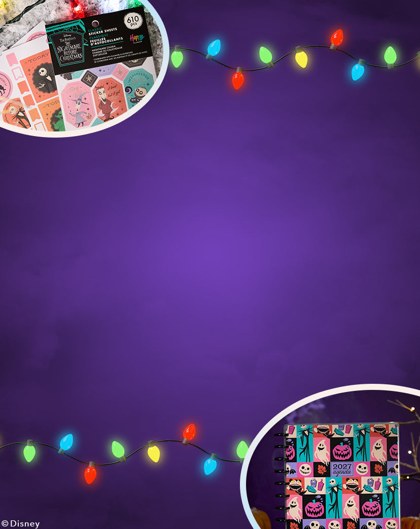 Purple background with colorful glowing string lights and partial views of patterned Disney planner sticker sheets in circular frames at the upper left and lower right