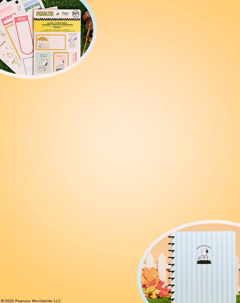 Decorative orange graphic featuring circular views of colorful spiral planners stationery pages and illustrated notebook covers in the upper left and lower right corners