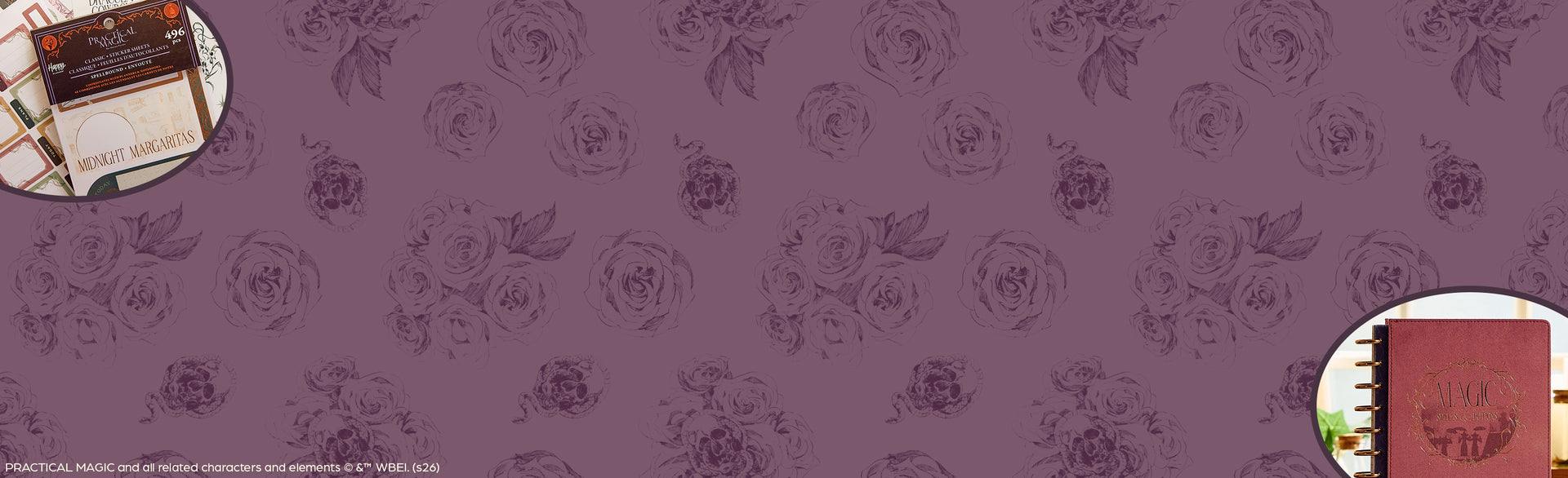 Purple floral patterned background with partial circular images of planners in the upper left and lower right corners and small white text along the bottom