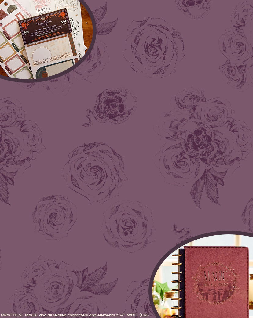 Purple floral patterned graphic featuring circular photos of stationery and a burgundy disc bound planner with gold discs