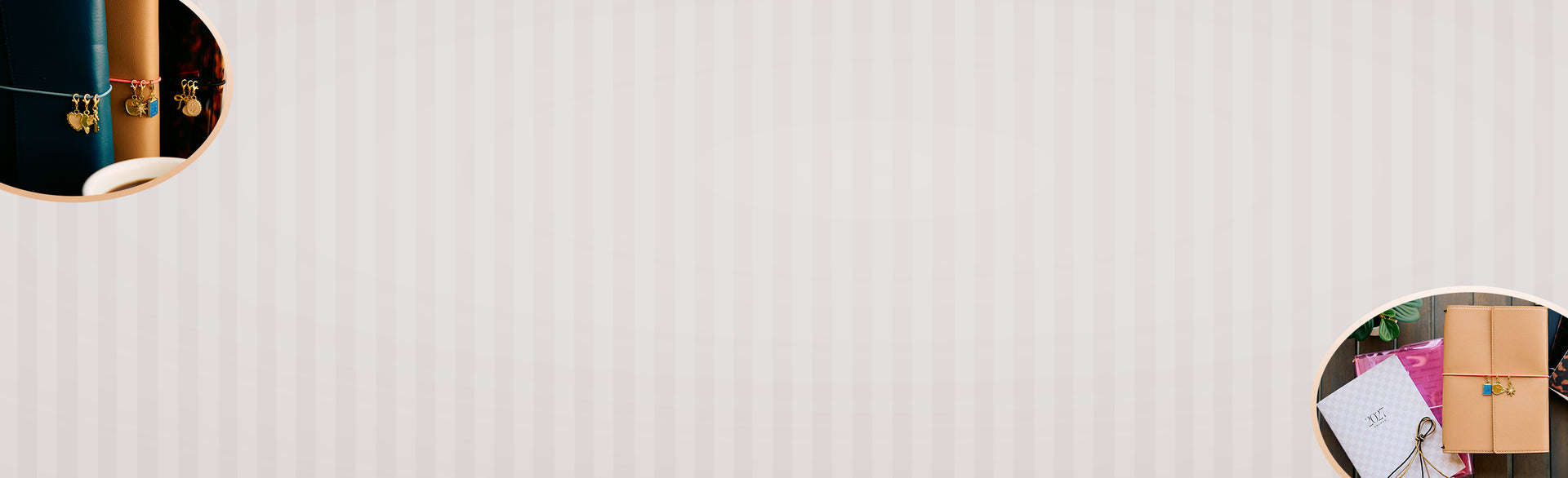 Light gray vertically striped background with cropped circular views of colorful paper goods and stationery along the left and right edges