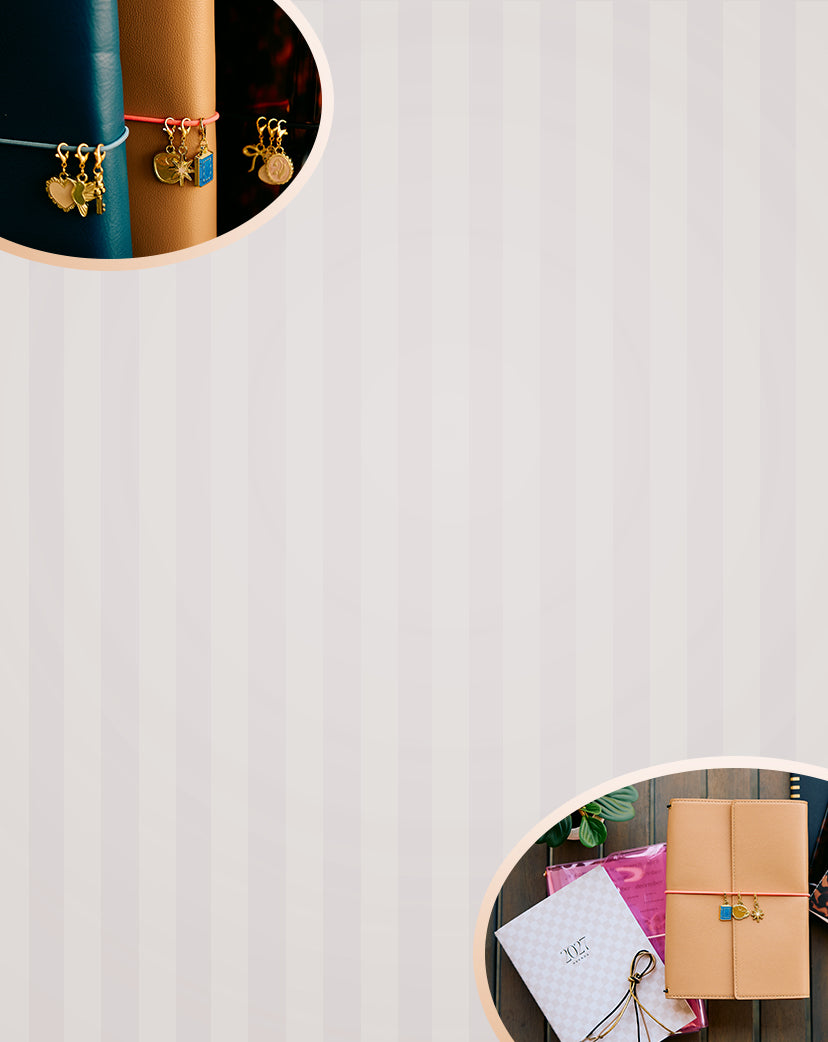 Light gray vertical striped background with circular photos of gold jewelry in the upper corner and colorful planners, notebooks, and stationery in the lower corner