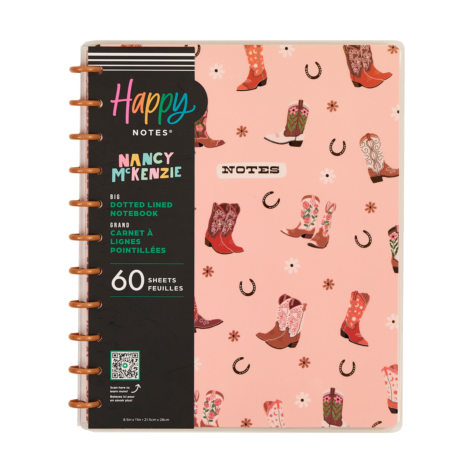 Western Bloom - Dotted Lined Big Notebook - 60 Sheets with a pink cover decorated with colorful cowboy boots and horseshoes, featuring a disc-bound planner style.