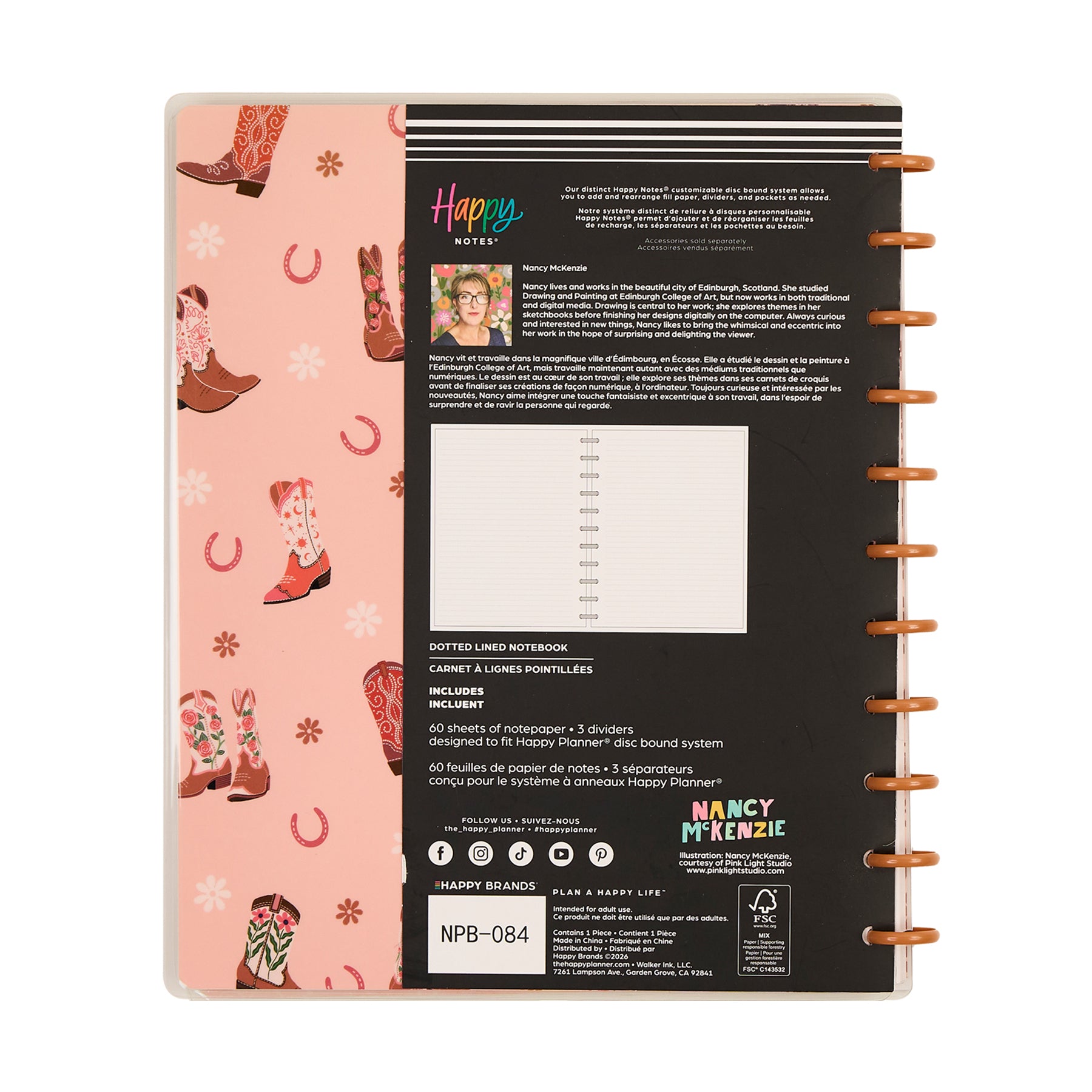 Back cover of Western Bloom - Dotted Lined Big Notebook - 60 Sheets with pink western boot pattern, product details, and Happy Planner disc binding system.