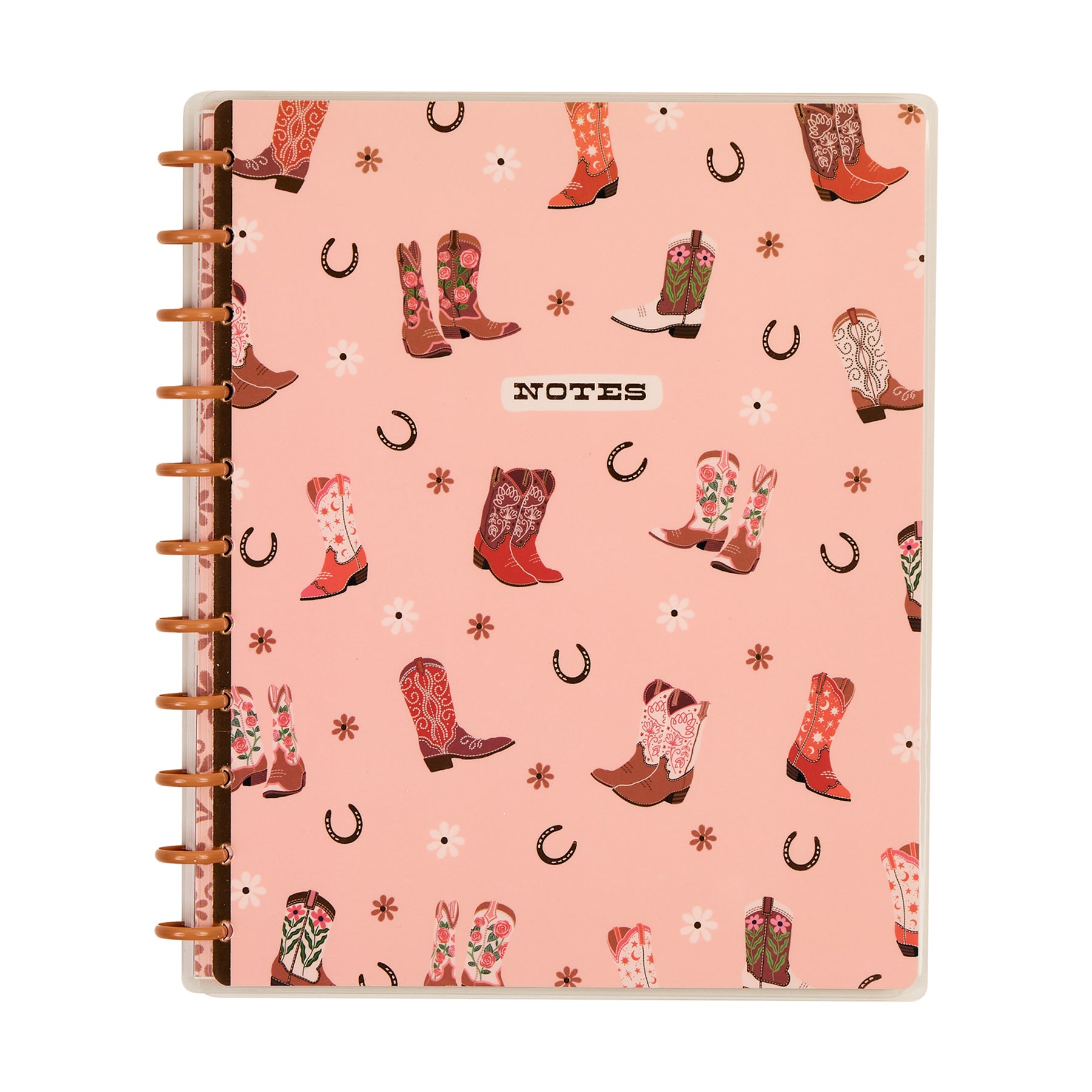 Western Bloom - Dotted Lined Big Notebook - 60 Sheets with a pink cover featuring illustrated cowboy boots, horseshoes, and flowers, ideal for note-taking and journaling.