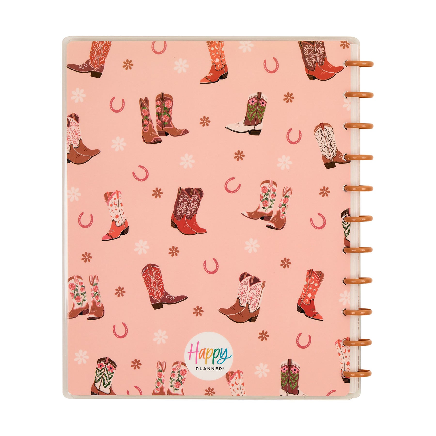 Western Bloom - Dotted Lined Big Notebook - 60 Sheets with a pink cover featuring various illustrated cowboy boots and horseshoes, bound with peach-colored discs.