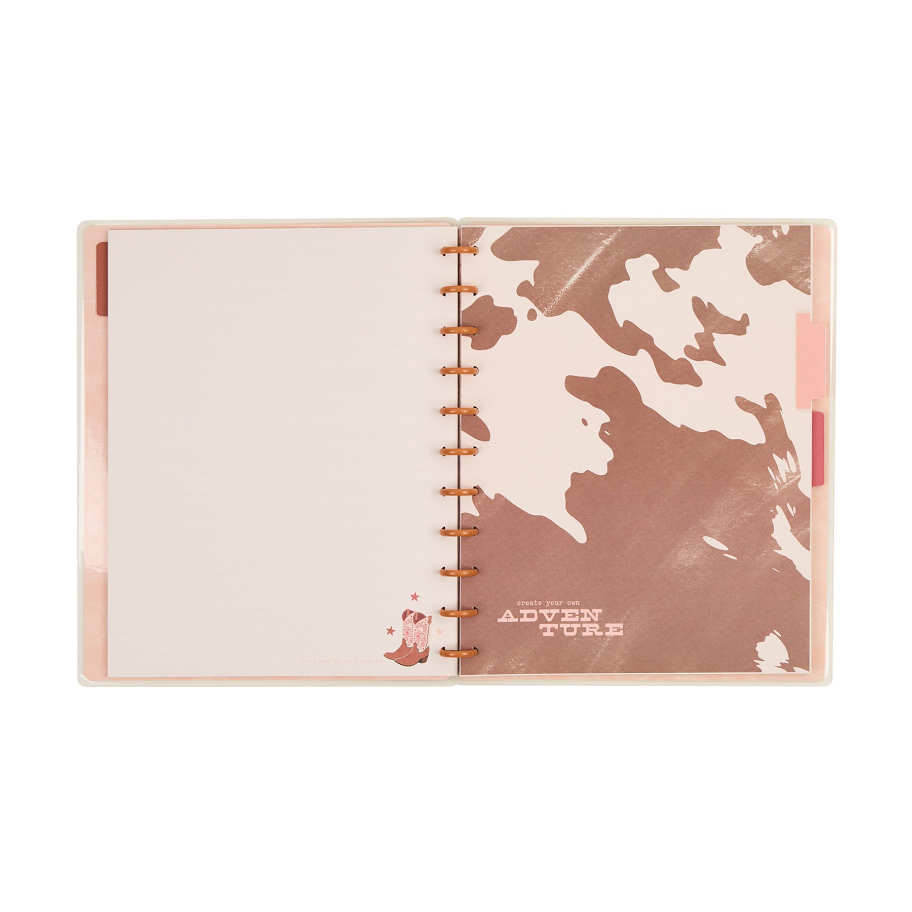 Open Western Bloom - Dotted Lined Big Notebook - 60 Sheets showing dotted lined pages with a small cowboy boot illustration and a decorative page with "Adventure" text and abstract patterns.