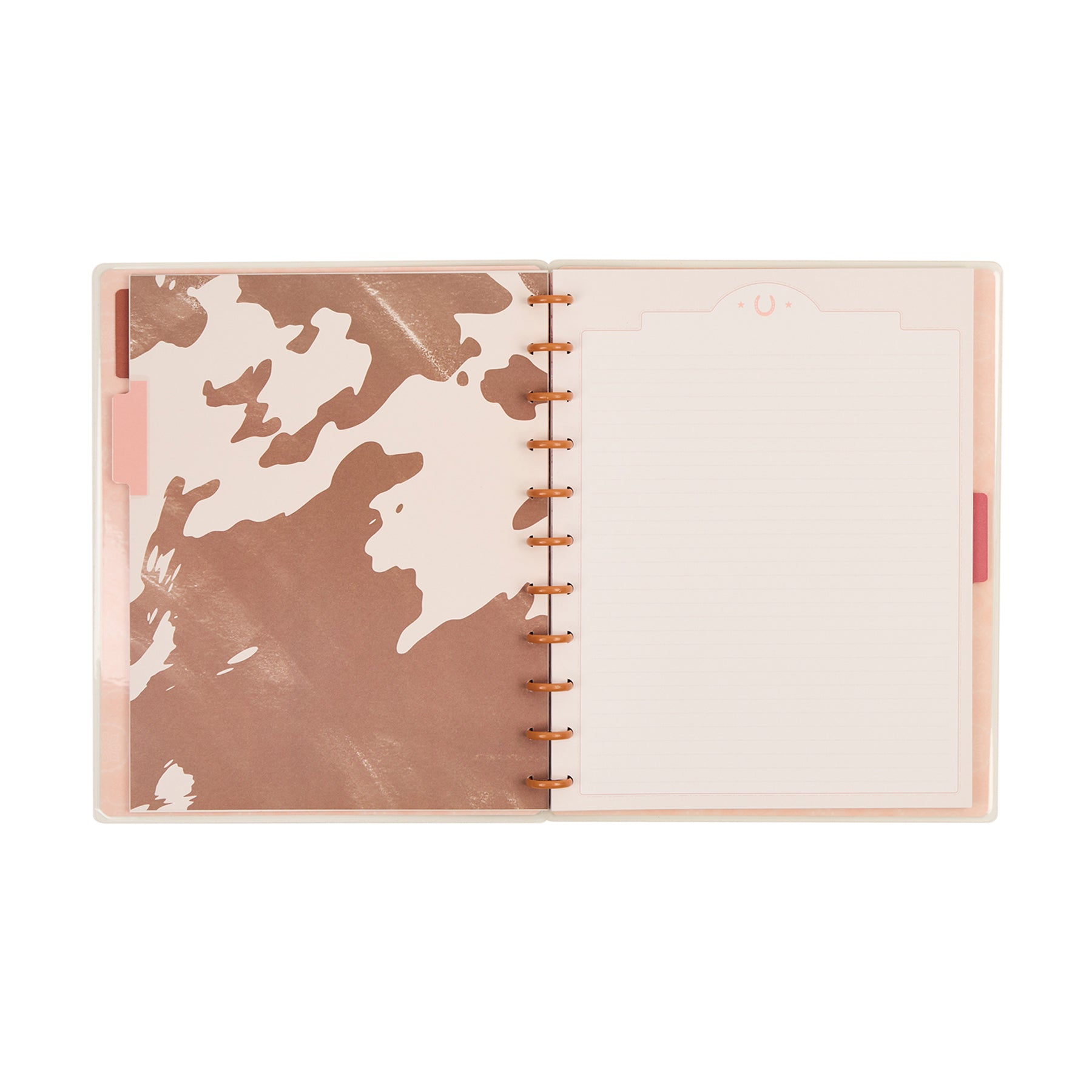 Open Western Bloom - Dotted Lined Big Notebook - 60 Sheets showing a decorative abstract brown and white cover on the left and lined dotted notebook page on the right with rose gold disc binding.