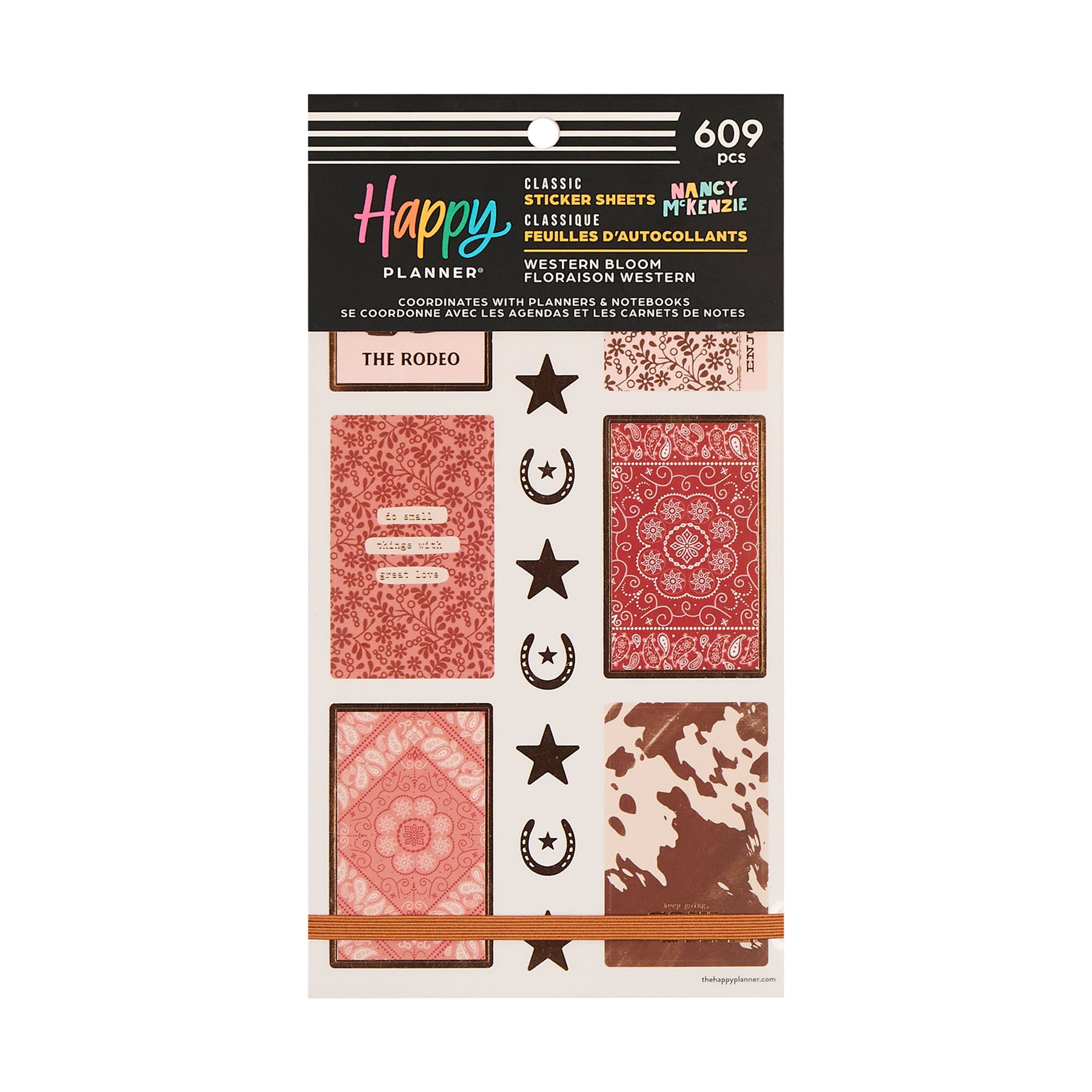 Western Bloom - Value Pack Stickers featuring classic red and brown western-themed designs including bandanas, stars, horseshoes, and cowhide patterns for Happy Planner discs, journals, and notebooks.