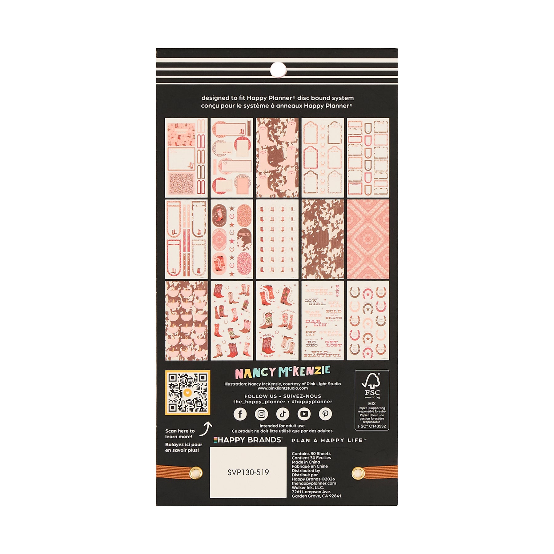 Back of a Western Bloom - Value Pack Stickers packaging showing various pink and brown floral and western-themed planner stickers designed for Happy Planner disc bound systems.