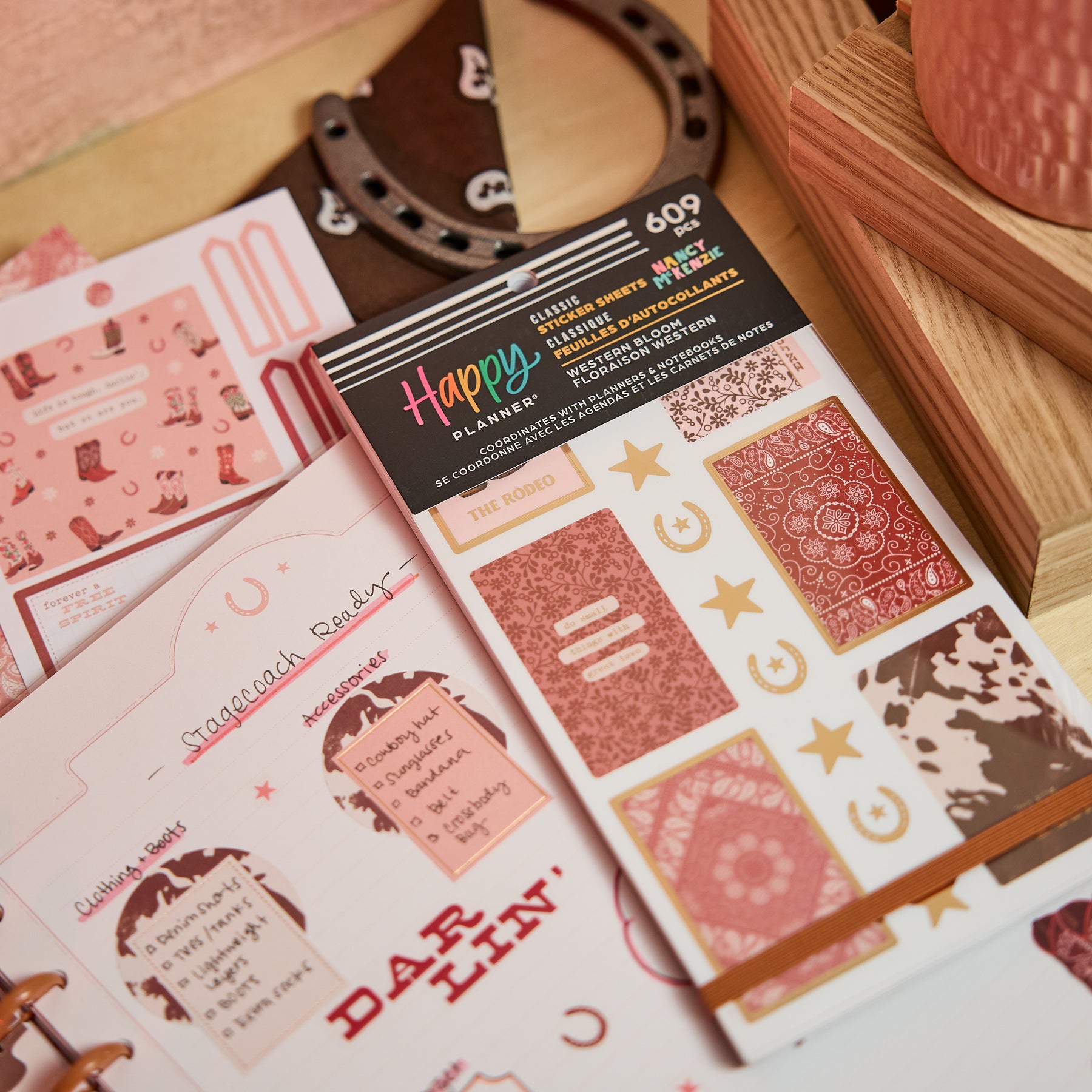 Western Bloom - Value Pack Stickers featuring rustic and floral designs with horseshoes, stars, and western-themed icons on a disc-bound planner page with coordinating notes and checklists.