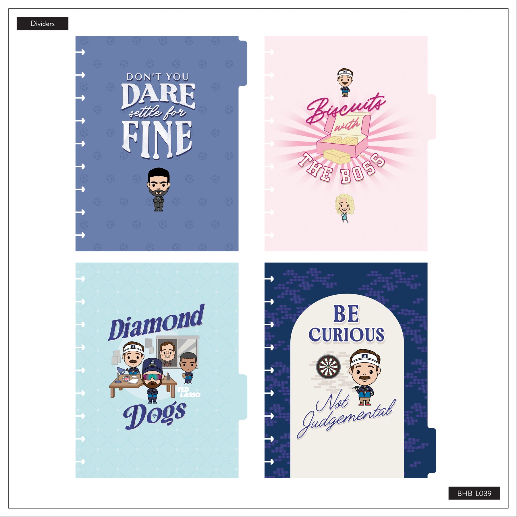 Four colorful disc-bound planner dividers featuring Ted Lasso themed designs and quotes, part of the Ted Lasso - Be Happy Box, with cartoon characters and playful typography.
