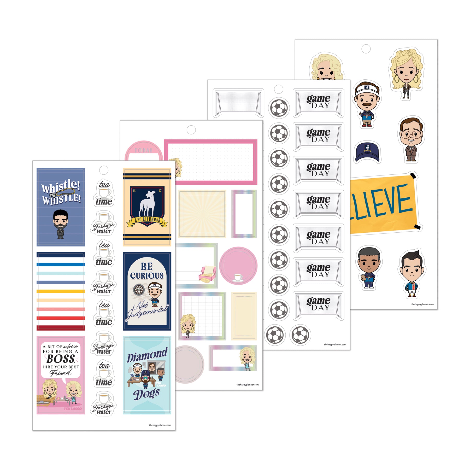 Sticker sheets featuring cartoon characters and motivational phrases from Ted Lasso, designed for use with the Ted Lasso - Be Happy Box and compatible with disc bound planners and journals.