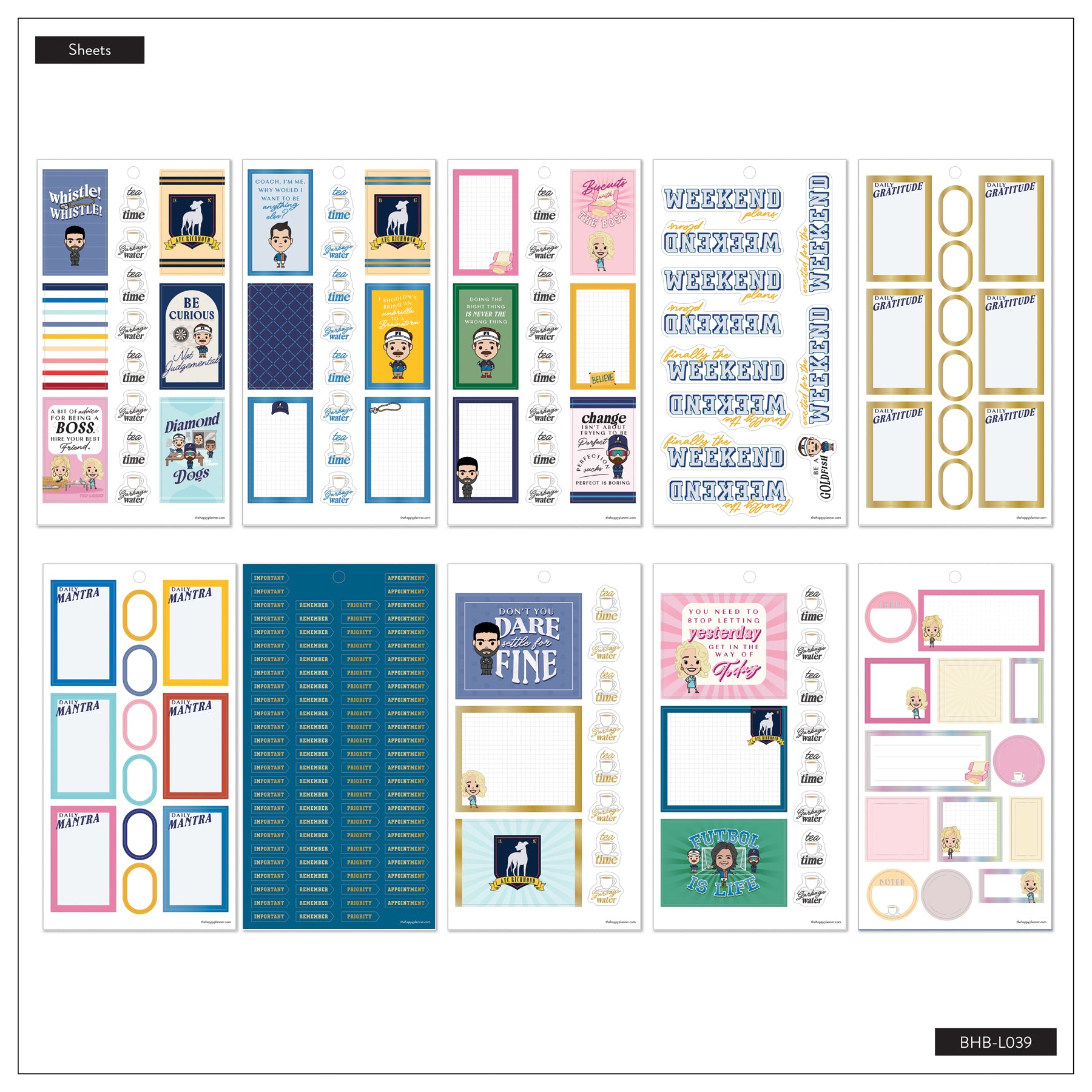 Sheet of colorful planner stickers featuring Ted Lasso characters, quotes, and decorative boxes designed for use in the Ted Lasso - Be Happy Box planner collection.