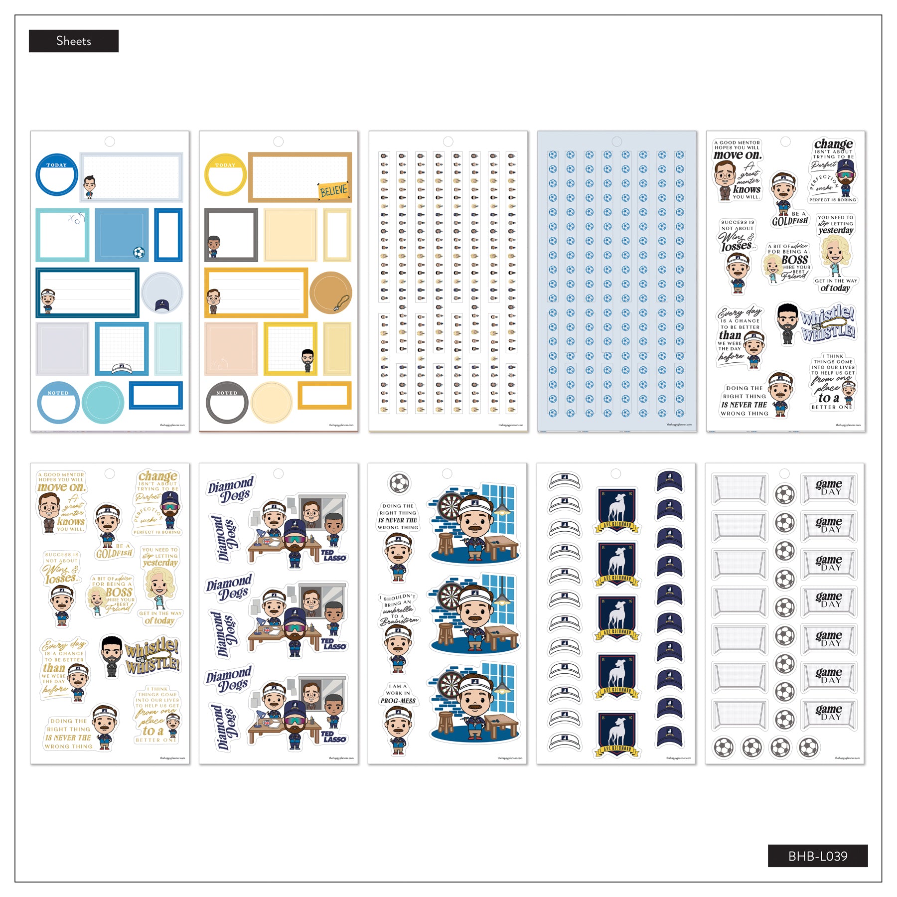 Collection of colorful disc-bound planner sticker sheets featuring Ted Lasso characters, motivational quotes, soccer-themed icons, and decorative labels from the Ted Lasso - Be Happy Box.