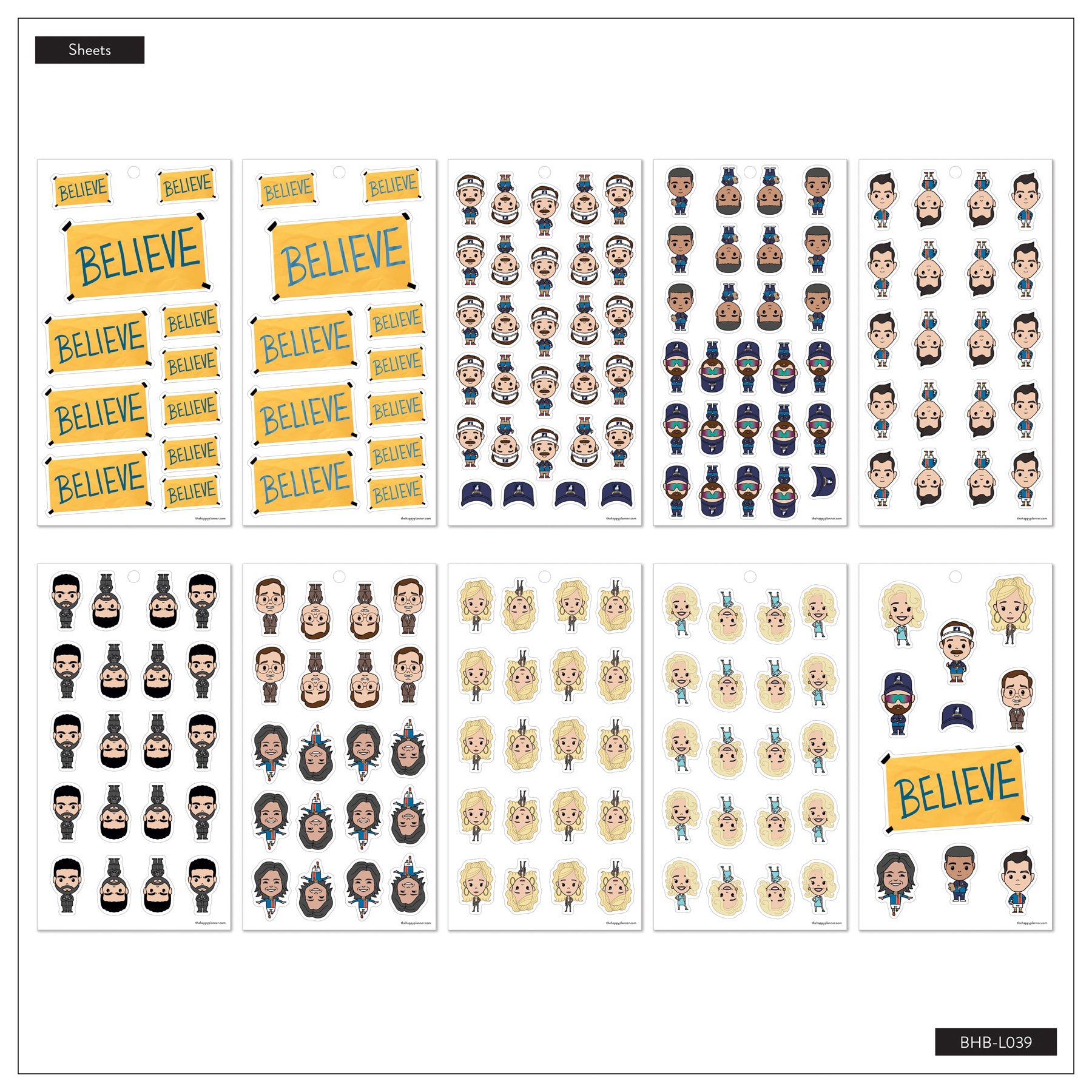 Sticker sheets featuring various illustrated faces, characters, and "BELIEVE" banners from Ted Lasso - Be Happy Box, designed for Happy Planner disc bound planners and journals.