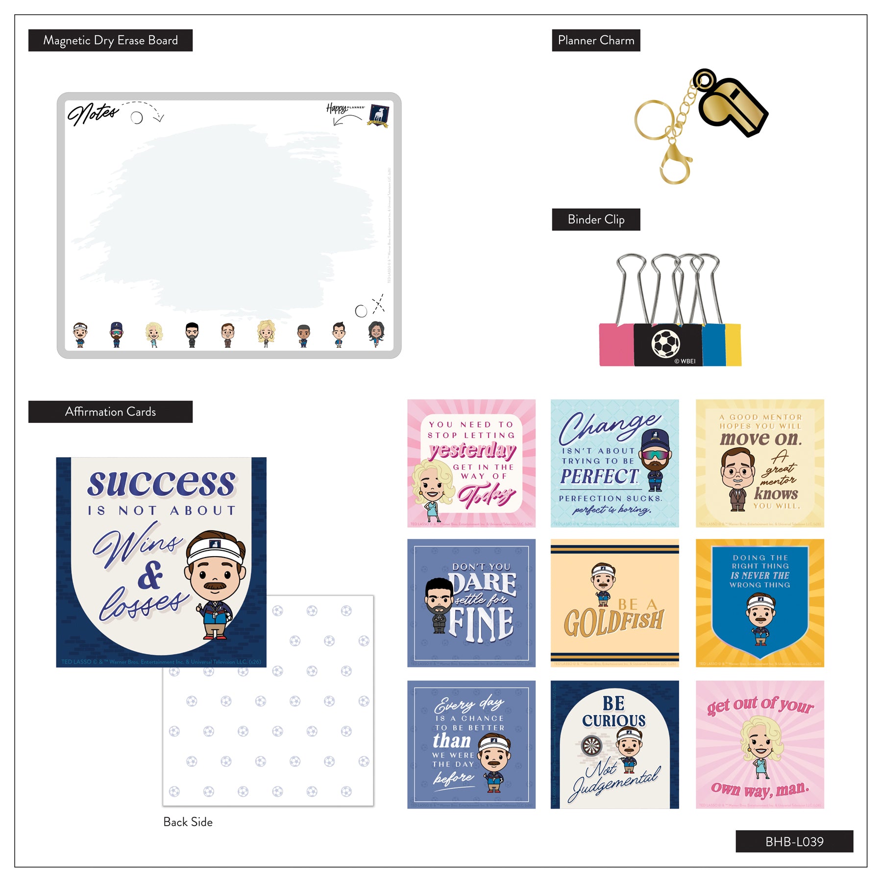Ted Lasso - Be Happy Box featuring a magnetic dry erase board, planner charm, binder clips, and a set of motivational affirmation cards with character illustrations and quotes.