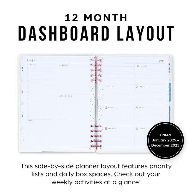 2025 Lush Linens Customizable Spiral Planner - Big Dashboard Layout - 12 Months