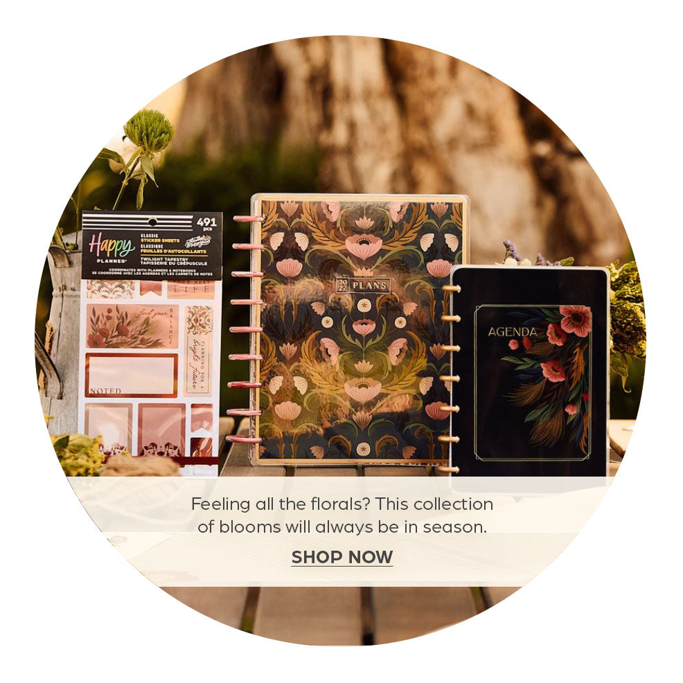 Circular floral planner graphic showing three Happy Planner designs with botanical artwork, disc binding, and text reading Feeling all the florals and Shop Now.