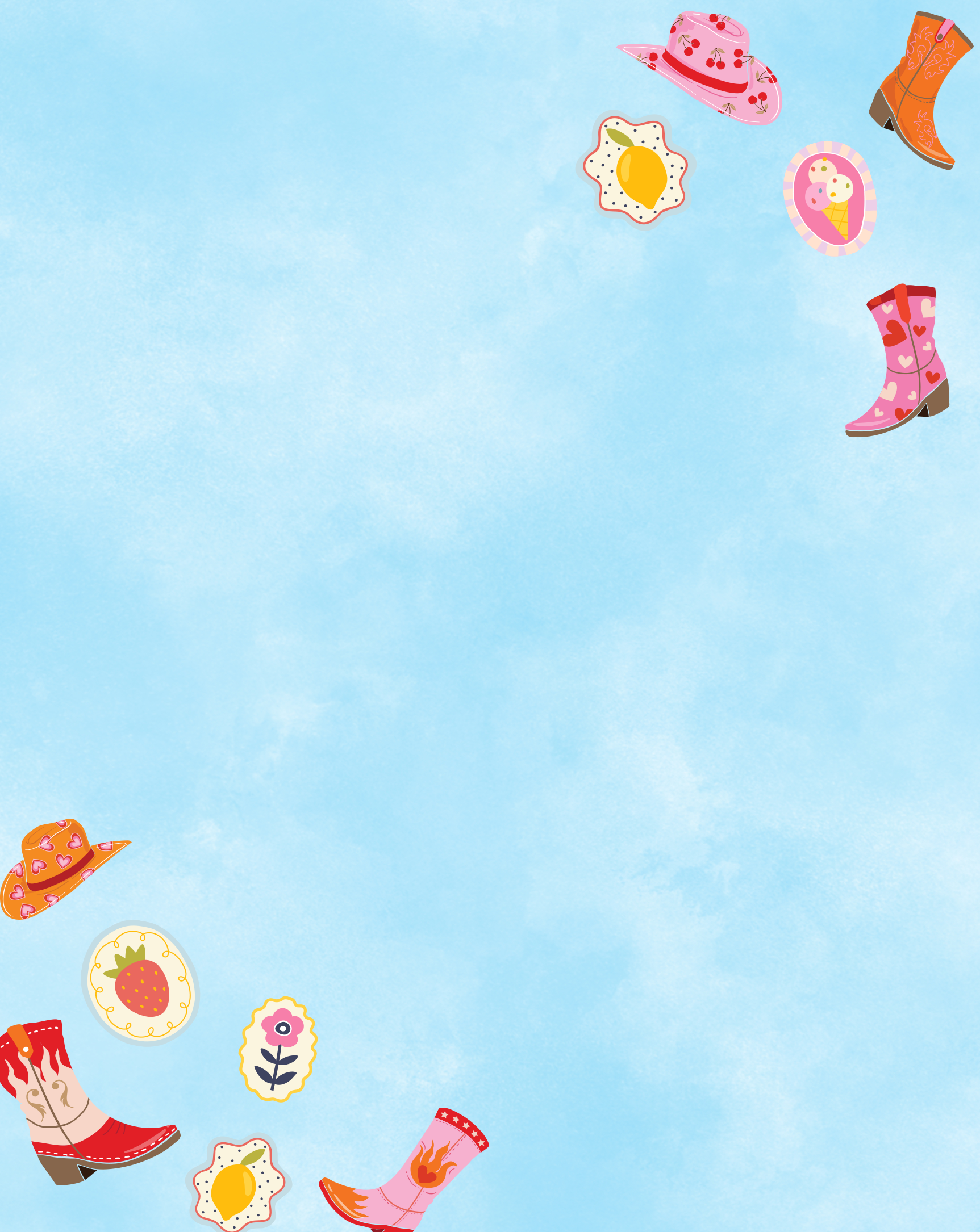 Light blue textured background with scattered colorful stickers of various boots, hats, flowers, fruit, and animal designs along the edges.