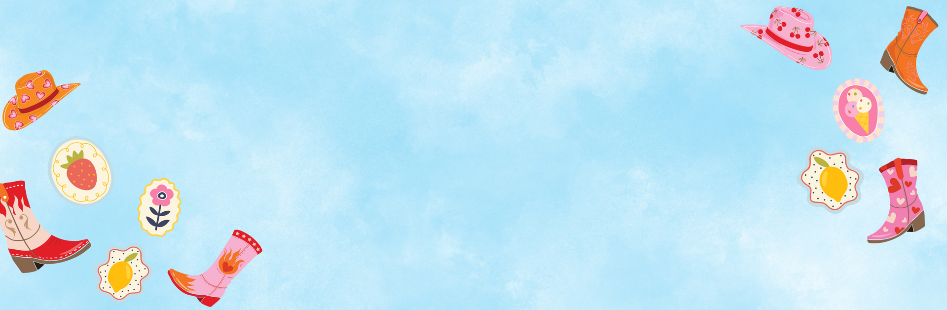 A light blue textured background with a curved arrangement of colorful western-themed icons, including cowboy boots, hats, flowers, and framed animal illustrations.
