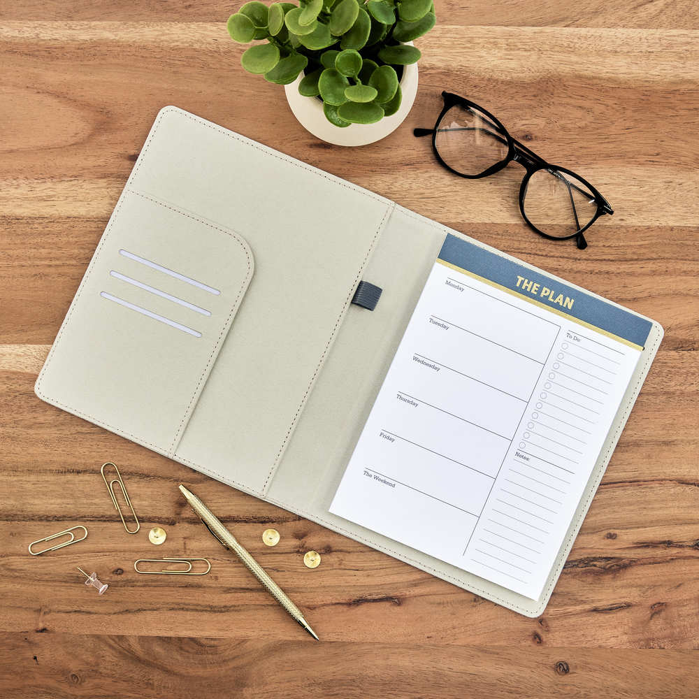 Work + Life Black Shadow - Linen + Cork Notepad Folder - Weekly Overview - 52 Sheets