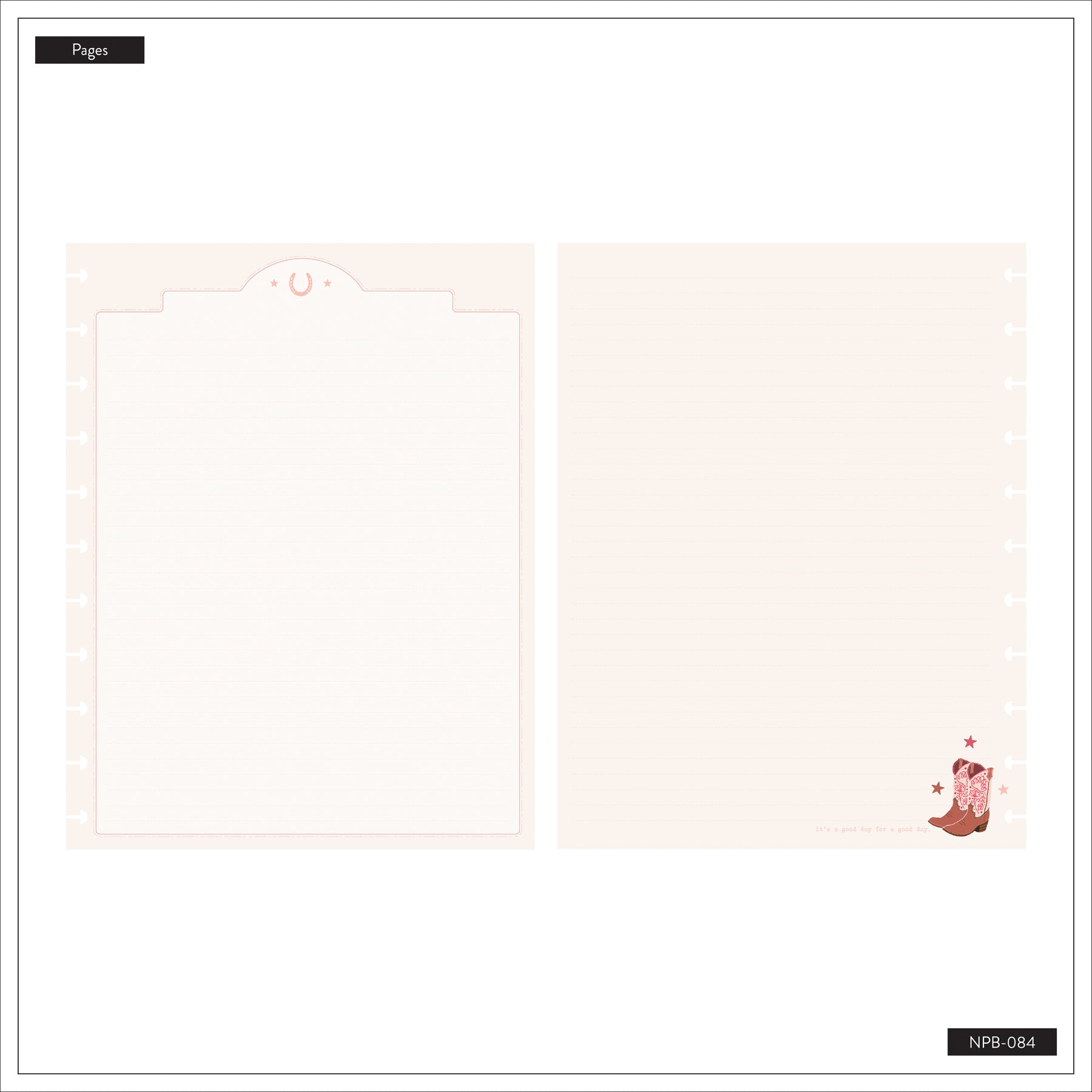 Open spread of Western Bloom - Dotted Lined Big Notebook - 60 Sheets showing a dotted lined page and a blank page with a small cowboy boot and star illustration in the corner, designed for disc bound planners.