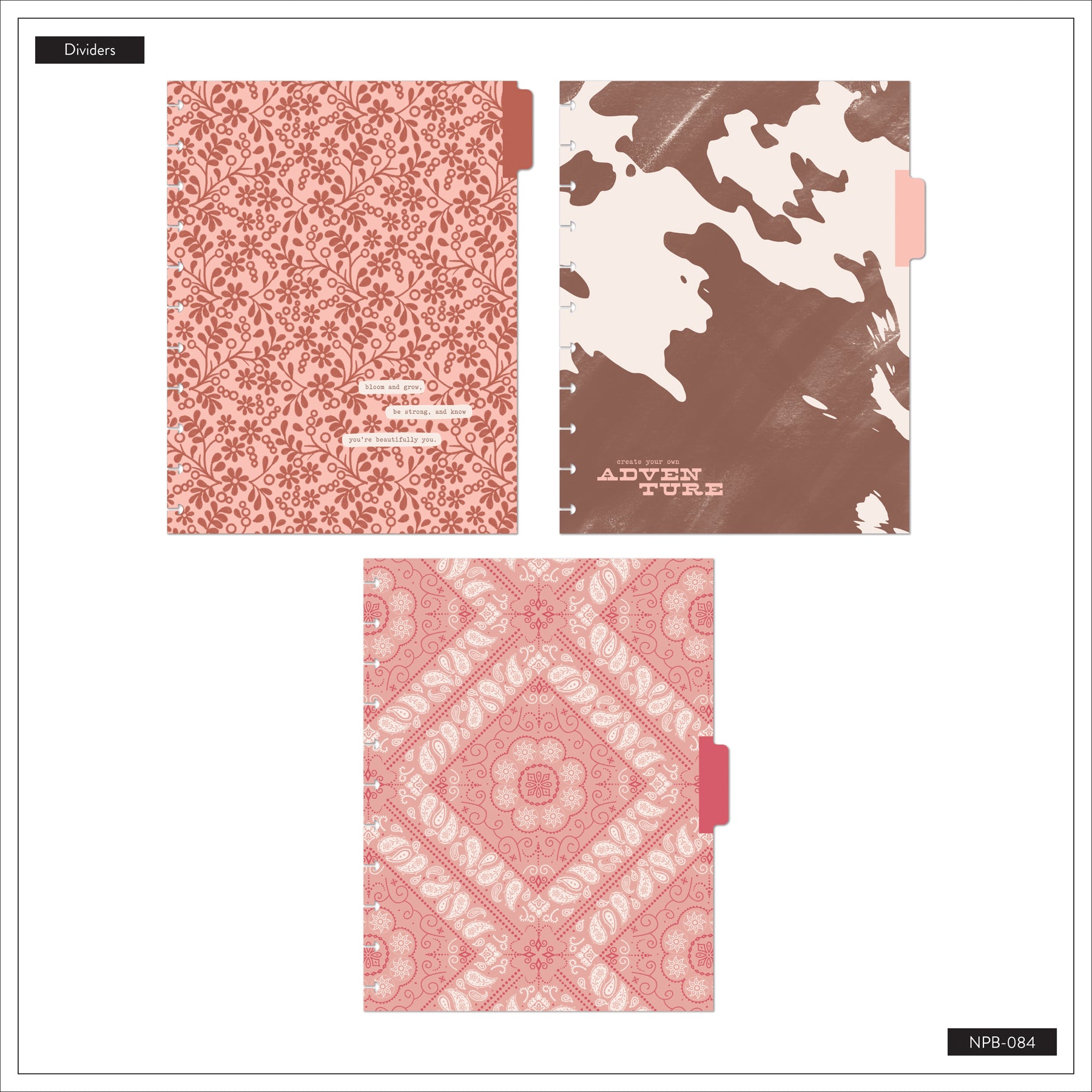Set of three decorative dividers featuring floral, abstract, and geometric designs, designed for use with the Western Bloom - Dotted Lined Big Notebook - 60 Sheets.